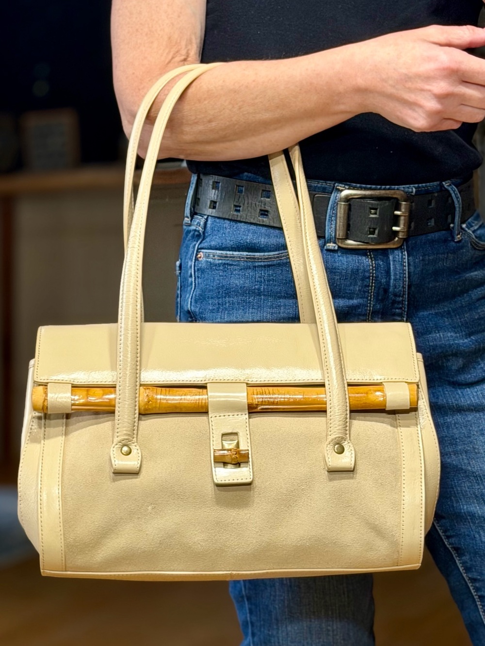 Terry Lewis Vintage Boho Y2K Bamboo Suede Leather East West‎ Shoulder Bag VGVC